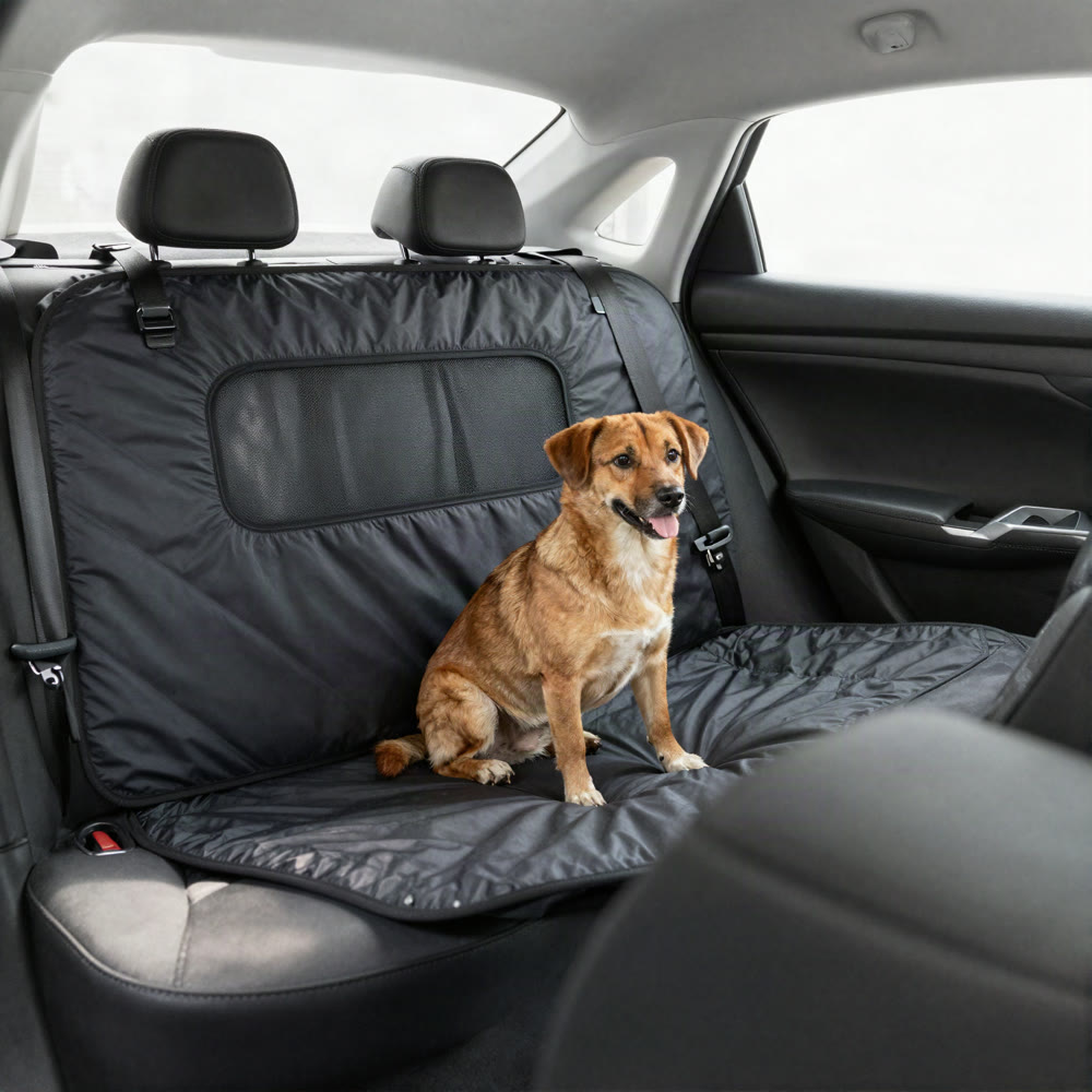 Illustration of the Backseat Hammock clipped across a car's back seat