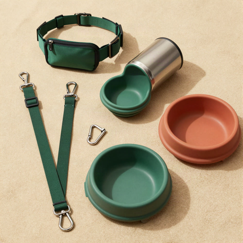 Illustration of the Hands-Free Walk Kit: leash, bottle and bowls