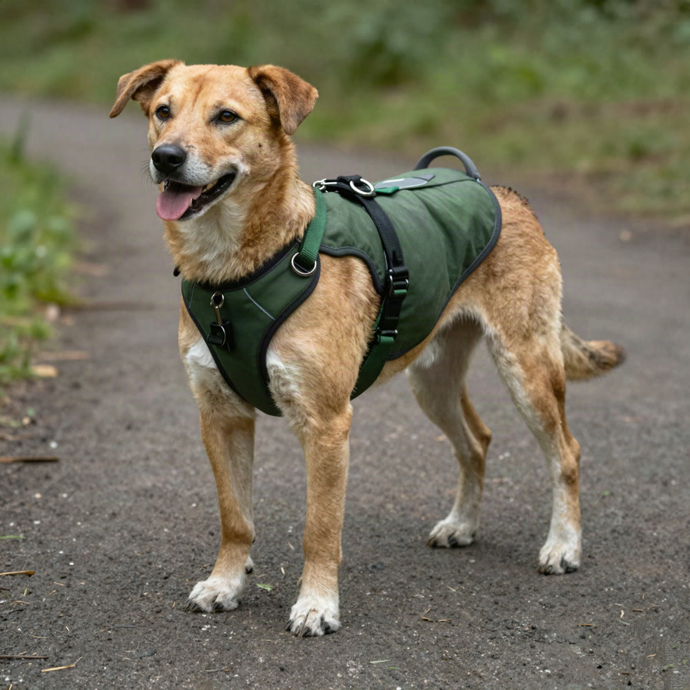 A dog wearing the green No-Pull Harness with the leash on the chest ring