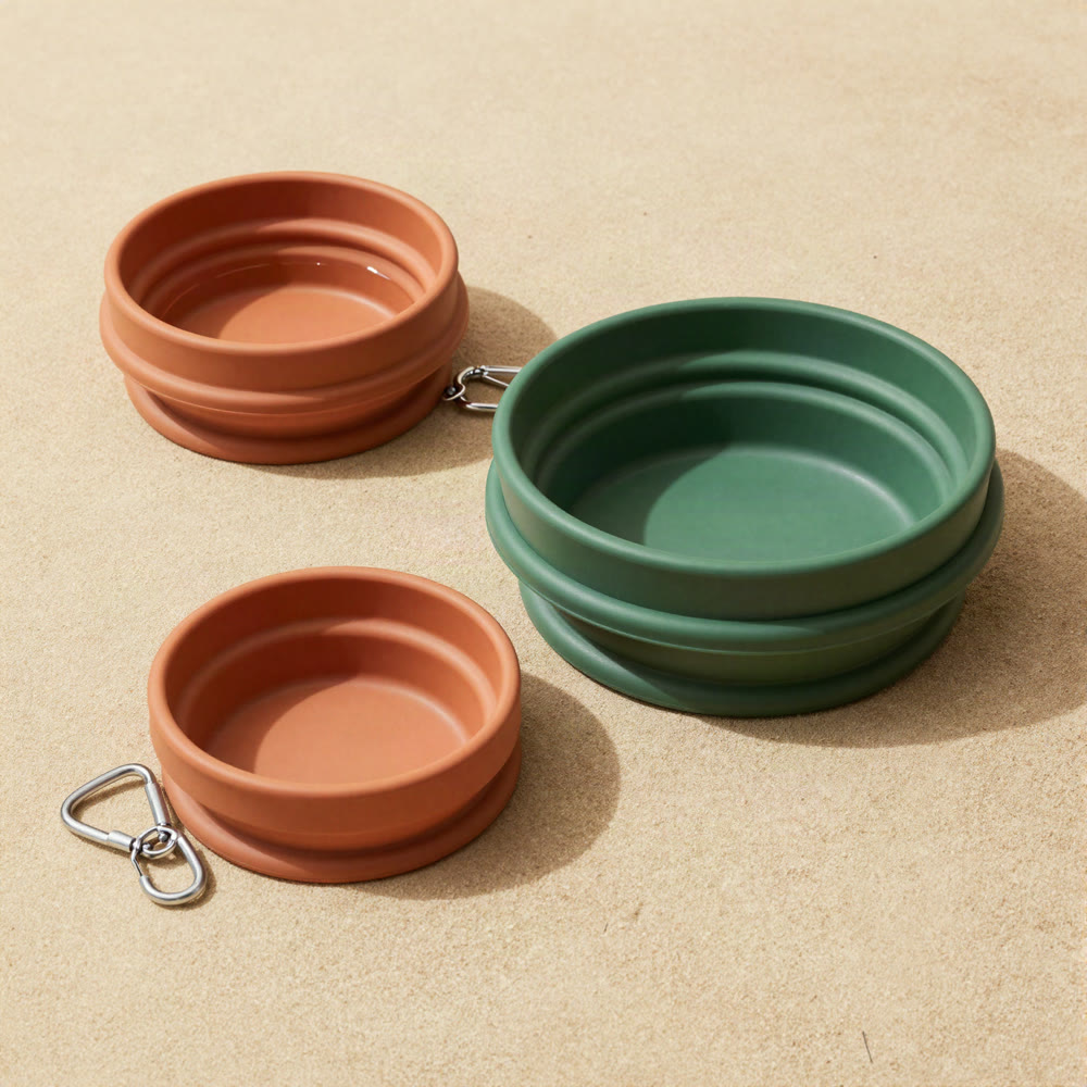 Illustration of two collapsible travel bowls, one open and one folded