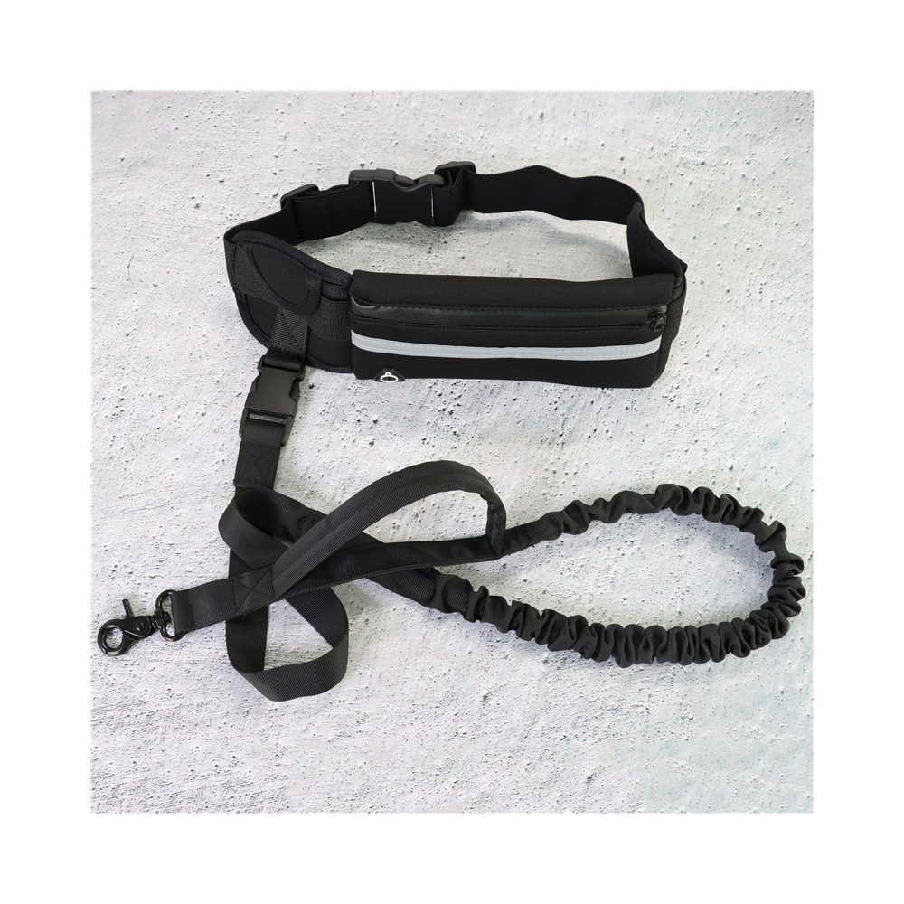 The Hands-Free Leash: a black waist belt with pouch and a bungee leash