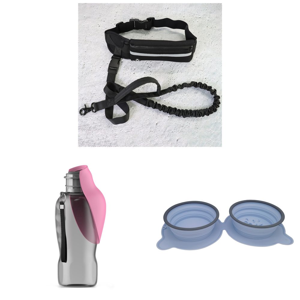 The Hands-Free Walk Kit: leash, bottle and double bowl