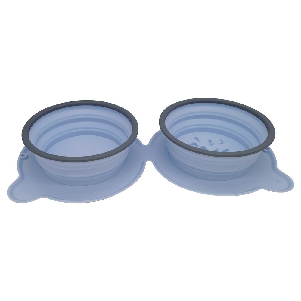 The Collapsible Double Travel Bowl open, in blue