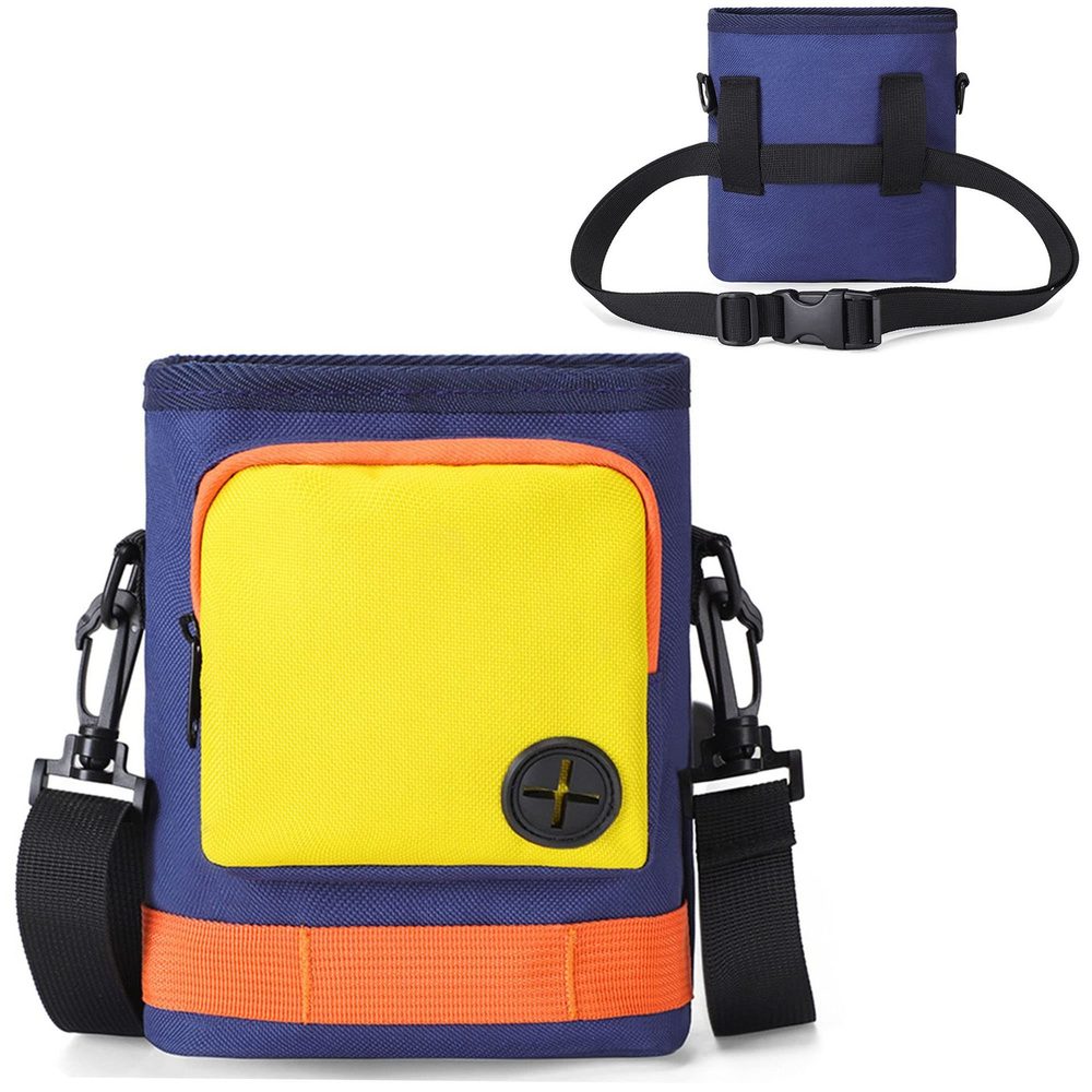 The Treat & Pill Pouch with its front pocket, bag opening and shoulder strap